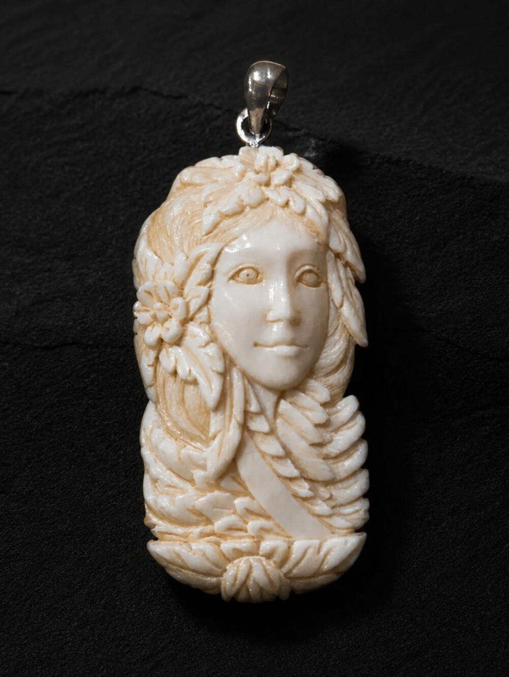NWT Hand-carved from bovine bone Goddess Face with Flowers pendant #9 Out Of 300